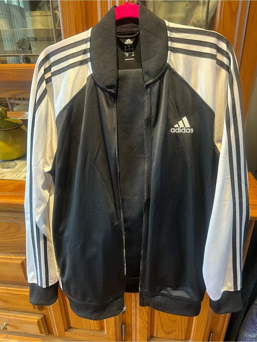 Adidas Black and White Bomber Track Jacket with 3 stripes. Jacket/Pants Large
